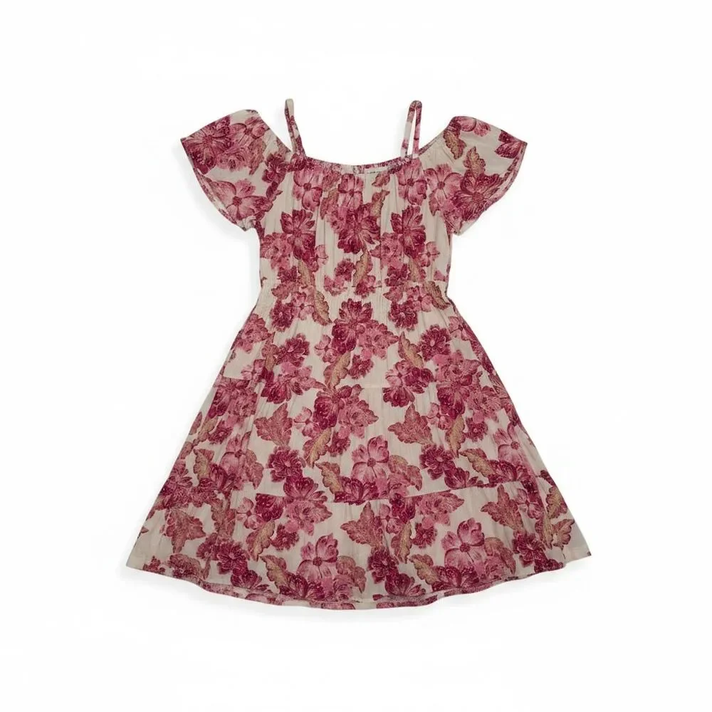 Old Navy Cold Shoulder Dress Tiered Fit Flare Floral Pink Cream XL 14 16